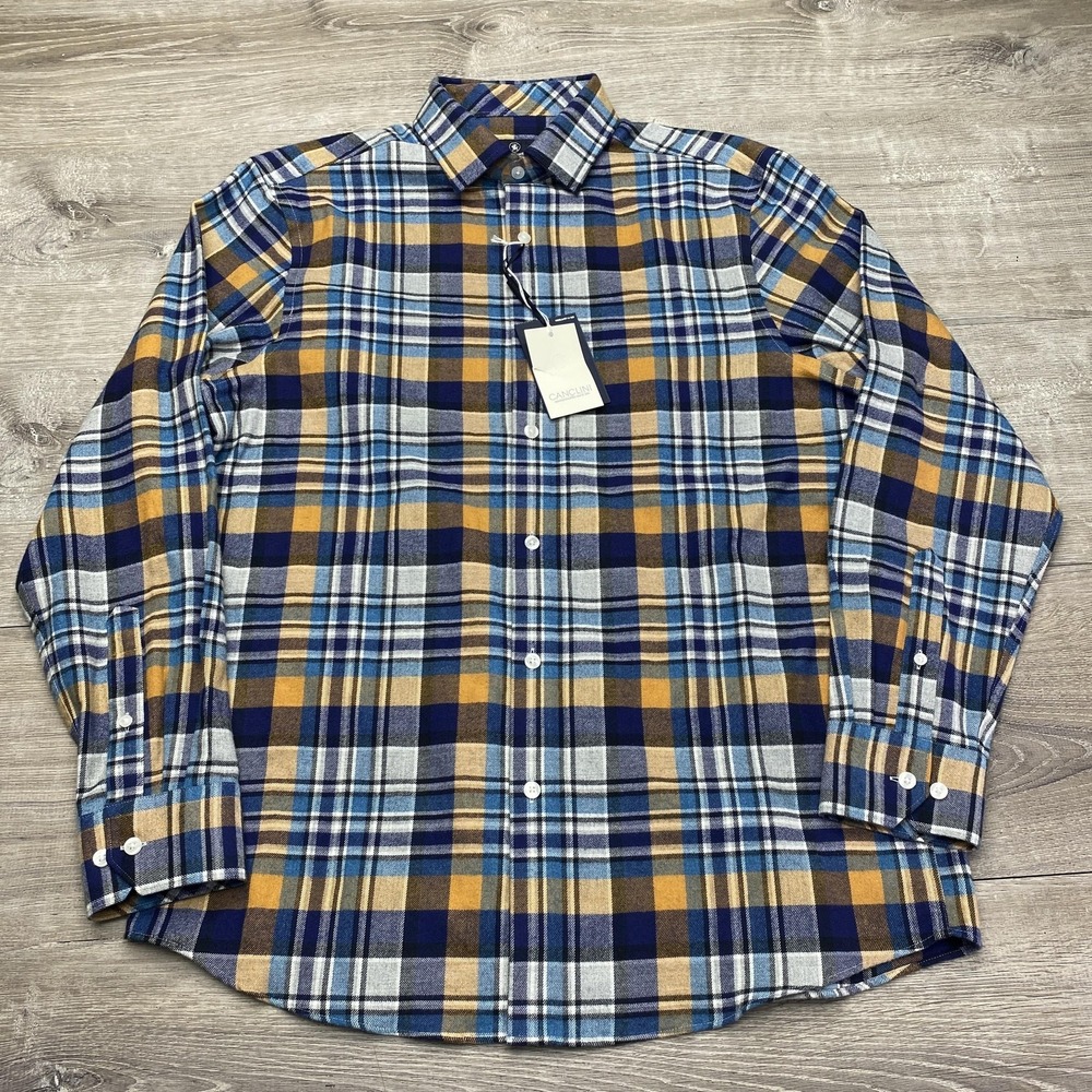 Hart‎ Schaffner Marx Shirt Mens Medium Blue Plaid Flannel Long Sleeve Button Up